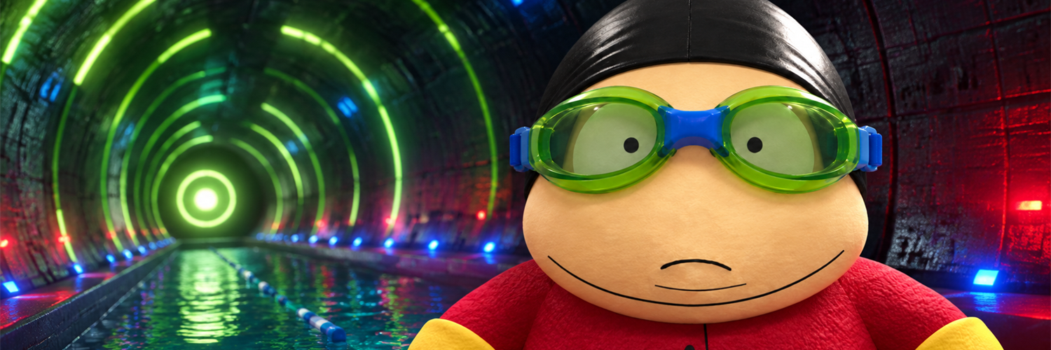 Nas Cartman wearing neon goggles in a glowing underground pool tunnel