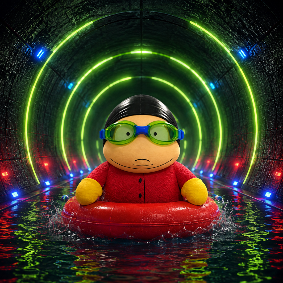 Nas Cartman on a red float inside a neon launch tunnel